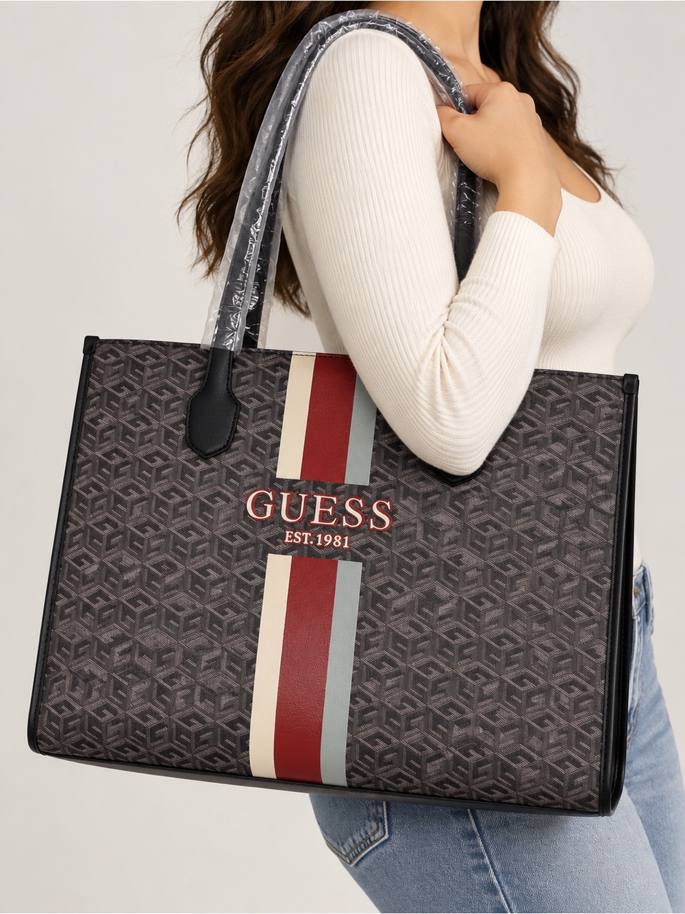 GUESS Logo Print Tote Bag with Red Stripe NWT